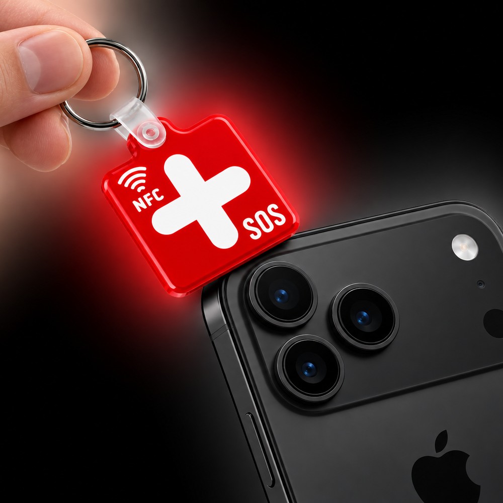 Mano che avvicina il portachiavi SOS key allo smartphone